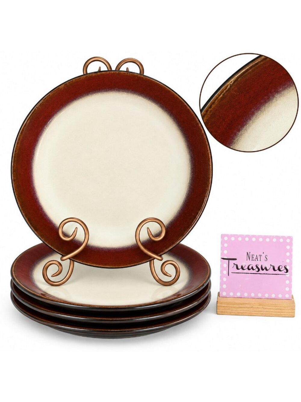 Pfaltzgraff ARIA RED Border Beige Center Coupe Stoneware Dinner Plates Set of 4